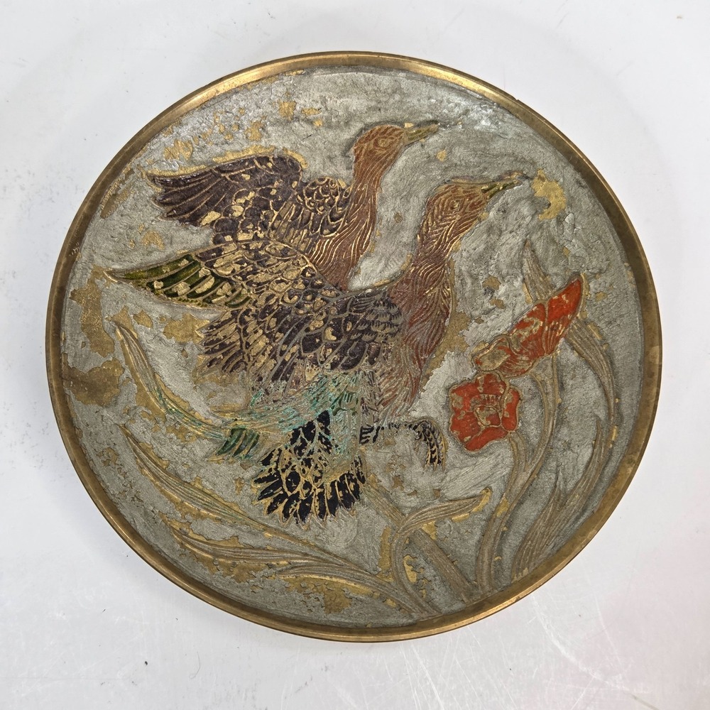 Vintage Enamel Solid Brass Bowl, Flying Geese Ducks Footed Bowl Made in India